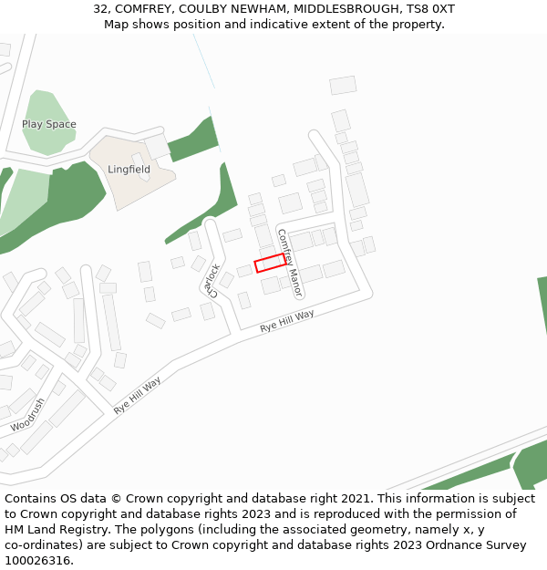 32, COMFREY, COULBY NEWHAM, MIDDLESBROUGH, TS8 0XT: Location map and indicative extent of plot