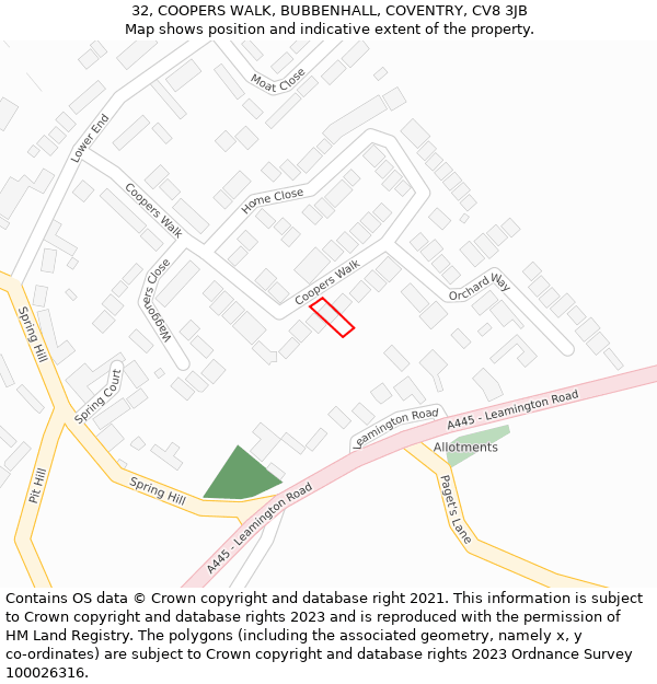 32, COOPERS WALK, BUBBENHALL, COVENTRY, CV8 3JB: Location map and indicative extent of plot