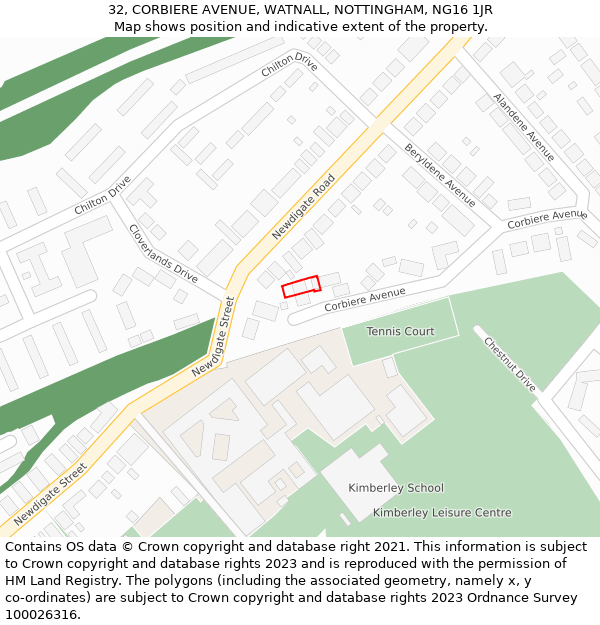 32, CORBIERE AVENUE, WATNALL, NOTTINGHAM, NG16 1JR: Location map and indicative extent of plot