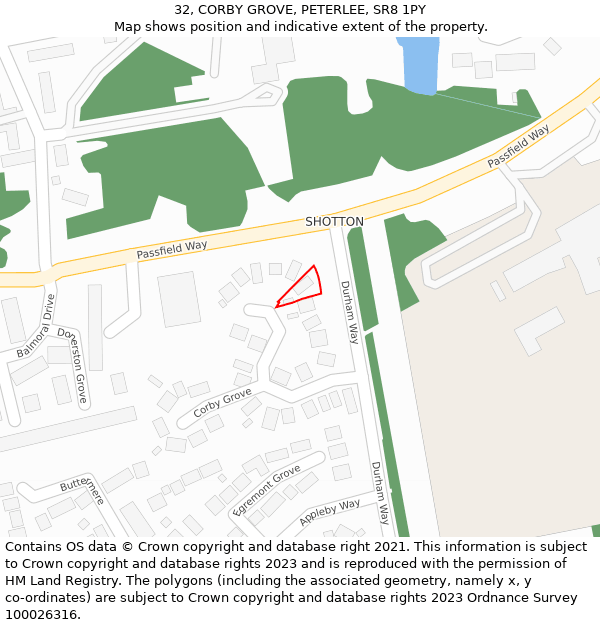 32, CORBY GROVE, PETERLEE, SR8 1PY: Location map and indicative extent of plot