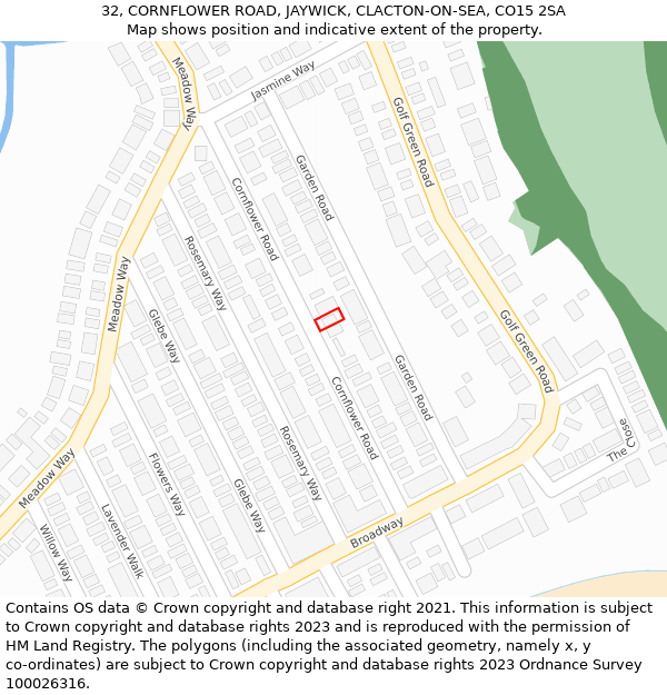 32, CORNFLOWER ROAD, JAYWICK, CLACTON-ON-SEA, CO15 2SA: Location map and indicative extent of plot