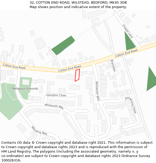 32, COTTON END ROAD, WILSTEAD, BEDFORD, MK45 3DB: Location map and indicative extent of plot