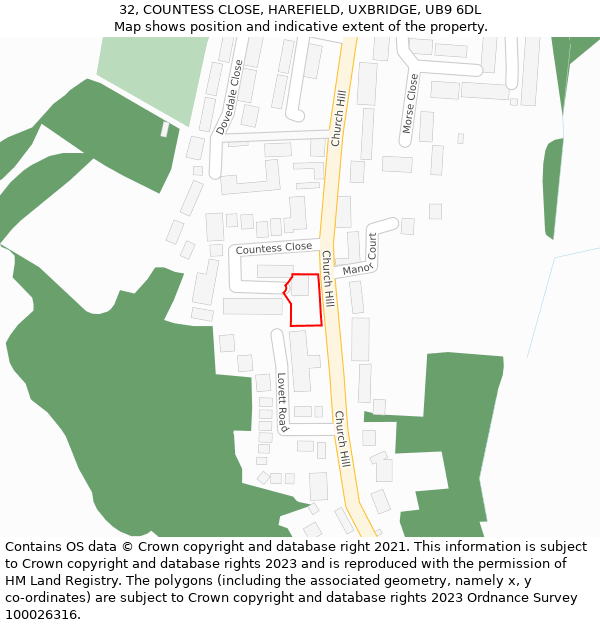32, COUNTESS CLOSE, HAREFIELD, UXBRIDGE, UB9 6DL: Location map and indicative extent of plot