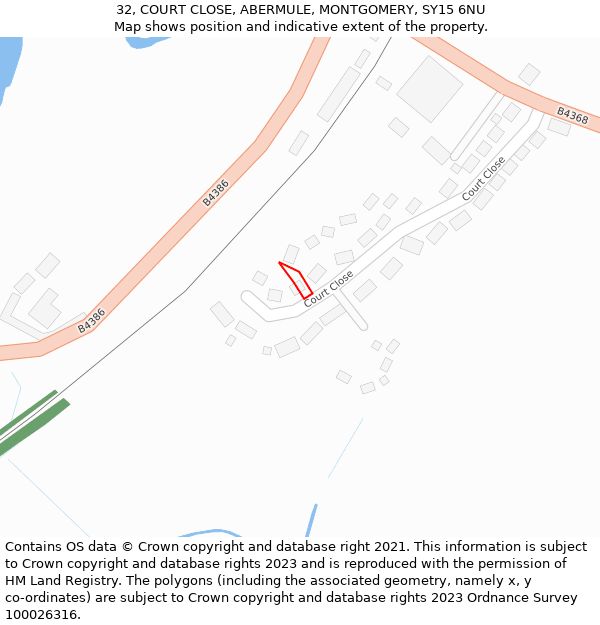 32, COURT CLOSE, ABERMULE, MONTGOMERY, SY15 6NU: Location map and indicative extent of plot