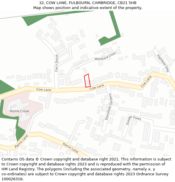 32, COW LANE, FULBOURN, CAMBRIDGE, CB21 5HB: Location map and indicative extent of plot