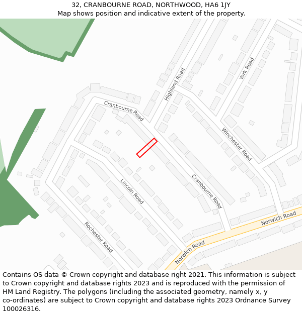32, CRANBOURNE ROAD, NORTHWOOD, HA6 1JY: Location map and indicative extent of plot
