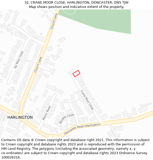 32, CRANE MOOR CLOSE, HARLINGTON, DONCASTER, DN5 7JW: Location map and indicative extent of plot