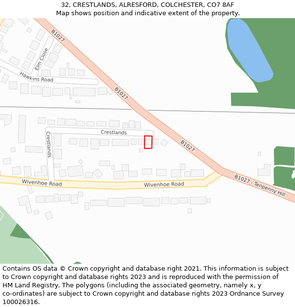 32, CRESTLANDS, ALRESFORD, COLCHESTER, CO7 8AF: Location map and indicative extent of plot