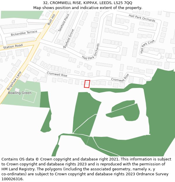 32, CROMWELL RISE, KIPPAX, LEEDS, LS25 7QQ: Location map and indicative extent of plot