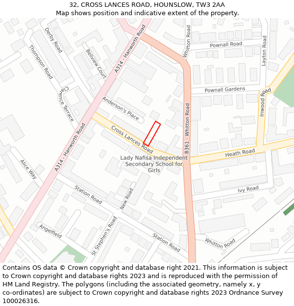 32, CROSS LANCES ROAD, HOUNSLOW, TW3 2AA: Location map and indicative extent of plot