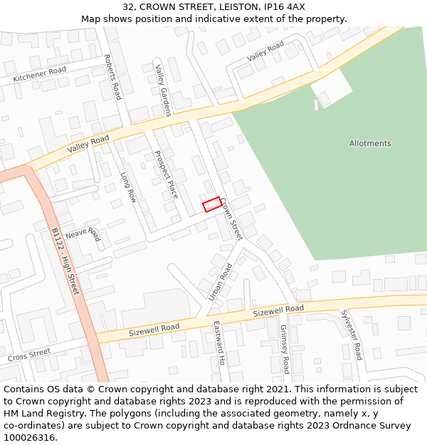 32, CROWN STREET, LEISTON, IP16 4AX: Location map and indicative extent of plot