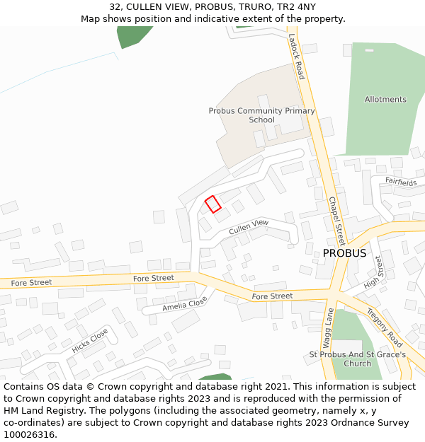 32, CULLEN VIEW, PROBUS, TRURO, TR2 4NY: Location map and indicative extent of plot