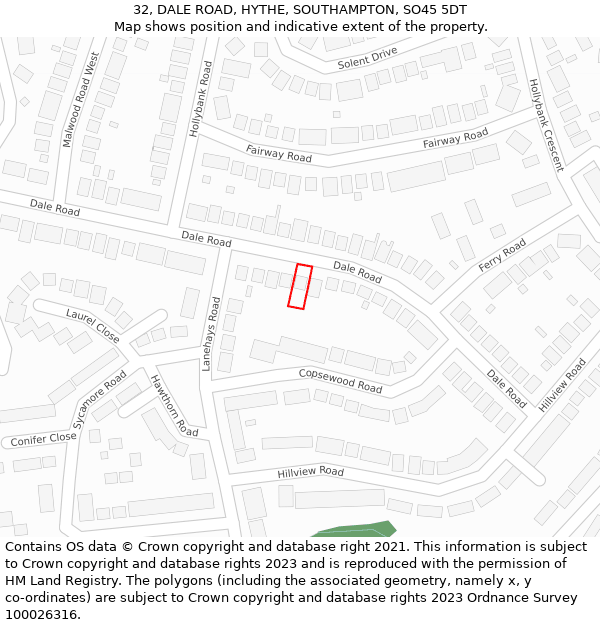 32, DALE ROAD, HYTHE, SOUTHAMPTON, SO45 5DT: Location map and indicative extent of plot