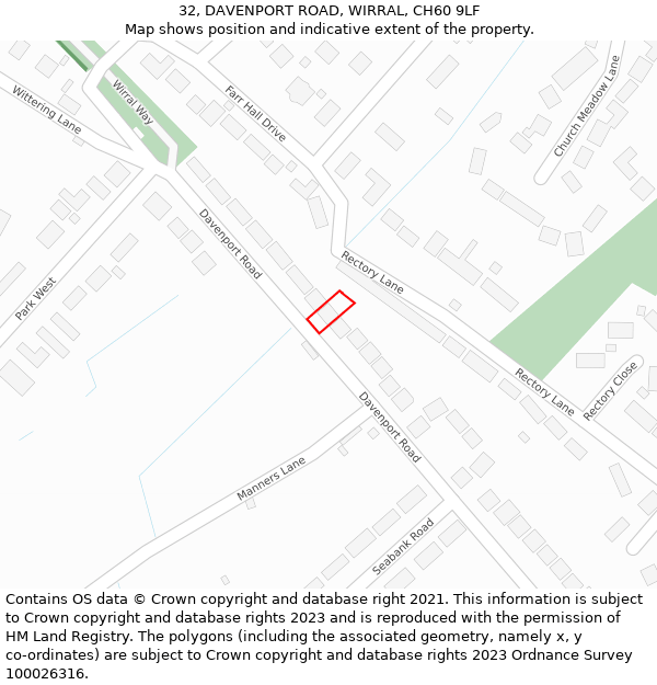 32, DAVENPORT ROAD, WIRRAL, CH60 9LF: Location map and indicative extent of plot