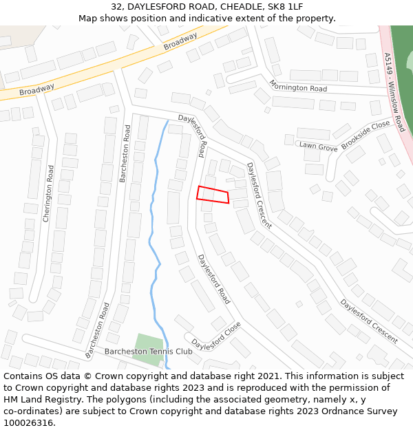 32, DAYLESFORD ROAD, CHEADLE, SK8 1LF: Location map and indicative extent of plot