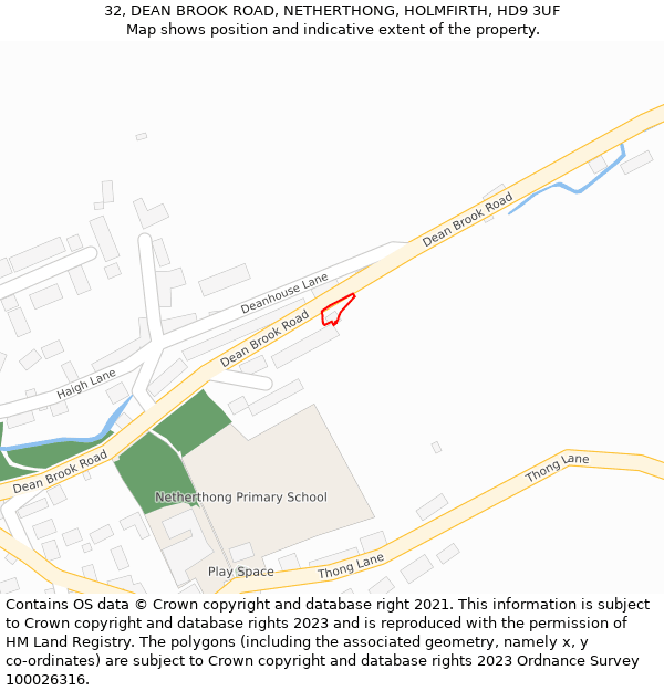 32, DEAN BROOK ROAD, NETHERTHONG, HOLMFIRTH, HD9 3UF: Location map and indicative extent of plot