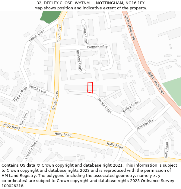 32, DEELEY CLOSE, WATNALL, NOTTINGHAM, NG16 1FY: Location map and indicative extent of plot