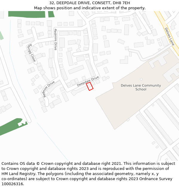 32, DEEPDALE DRIVE, CONSETT, DH8 7EH: Location map and indicative extent of plot