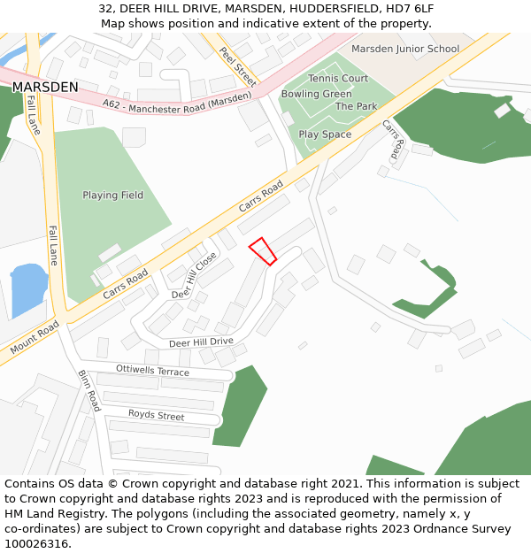 32, DEER HILL DRIVE, MARSDEN, HUDDERSFIELD, HD7 6LF: Location map and indicative extent of plot
