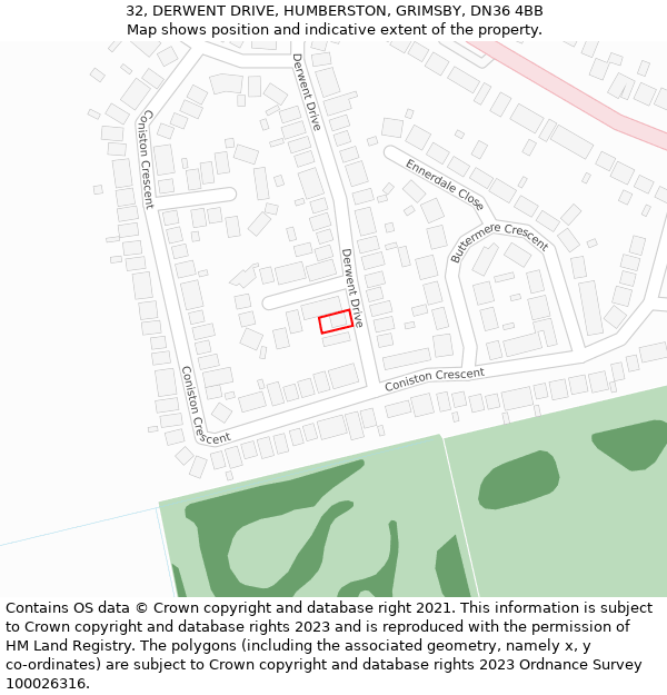 32, DERWENT DRIVE, HUMBERSTON, GRIMSBY, DN36 4BB: Location map and indicative extent of plot