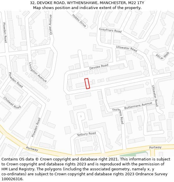 32, DEVOKE ROAD, WYTHENSHAWE, MANCHESTER, M22 1TY: Location map and indicative extent of plot