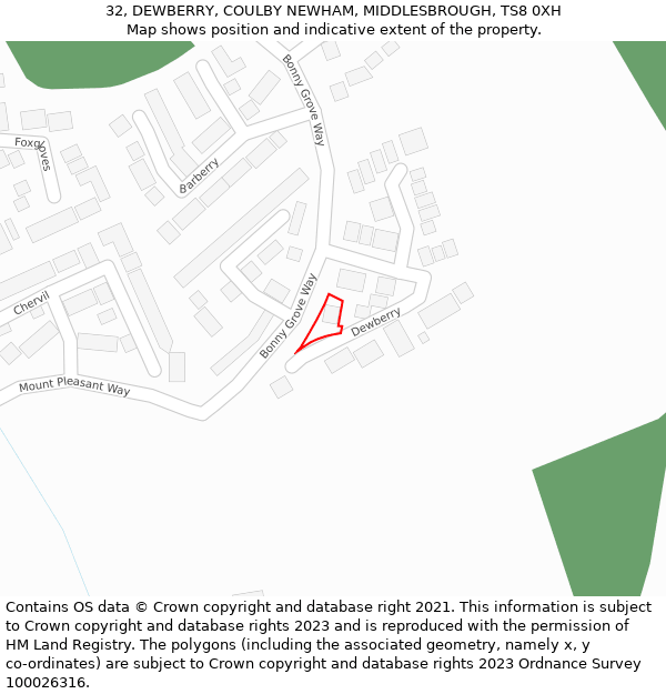 32, DEWBERRY, COULBY NEWHAM, MIDDLESBROUGH, TS8 0XH: Location map and indicative extent of plot