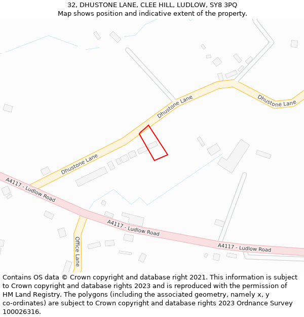 32, DHUSTONE LANE, CLEE HILL, LUDLOW, SY8 3PQ: Location map and indicative extent of plot