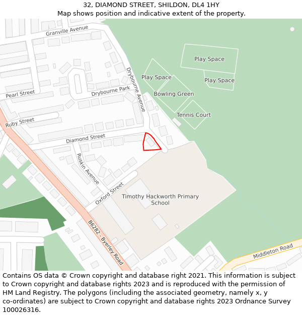 32, DIAMOND STREET, SHILDON, DL4 1HY: Location map and indicative extent of plot