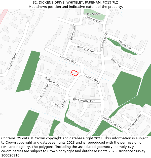 32, DICKENS DRIVE, WHITELEY, FAREHAM, PO15 7LZ: Location map and indicative extent of plot