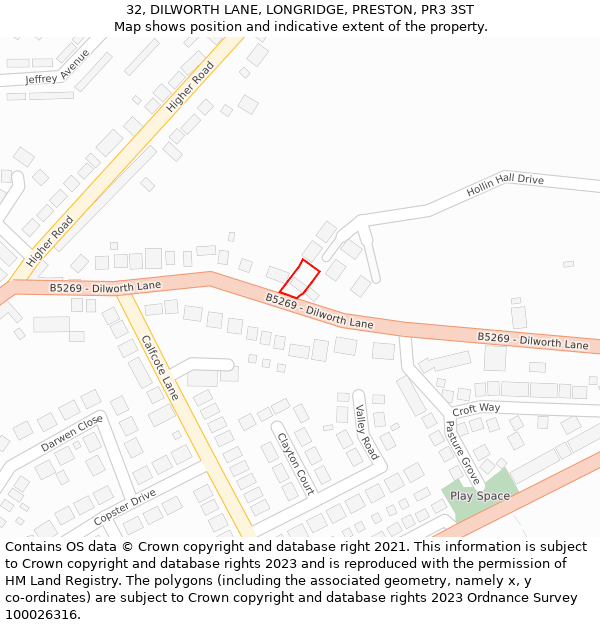 32, DILWORTH LANE, LONGRIDGE, PRESTON, PR3 3ST: Location map and indicative extent of plot
