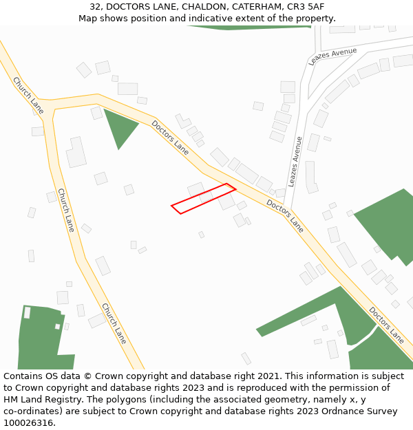 32, DOCTORS LANE, CHALDON, CATERHAM, CR3 5AF: Location map and indicative extent of plot