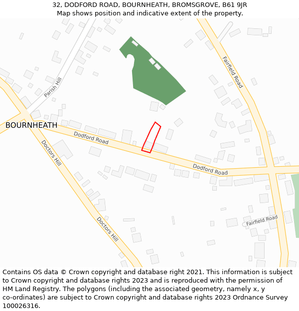 32, DODFORD ROAD, BOURNHEATH, BROMSGROVE, B61 9JR: Location map and indicative extent of plot