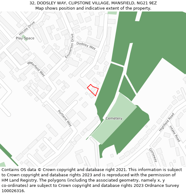 32, DODSLEY WAY, CLIPSTONE VILLAGE, MANSFIELD, NG21 9EZ: Location map and indicative extent of plot