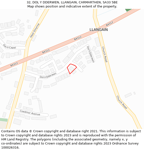 32, DOL Y DDERWEN, LLANGAIN, CARMARTHEN, SA33 5BE: Location map and indicative extent of plot