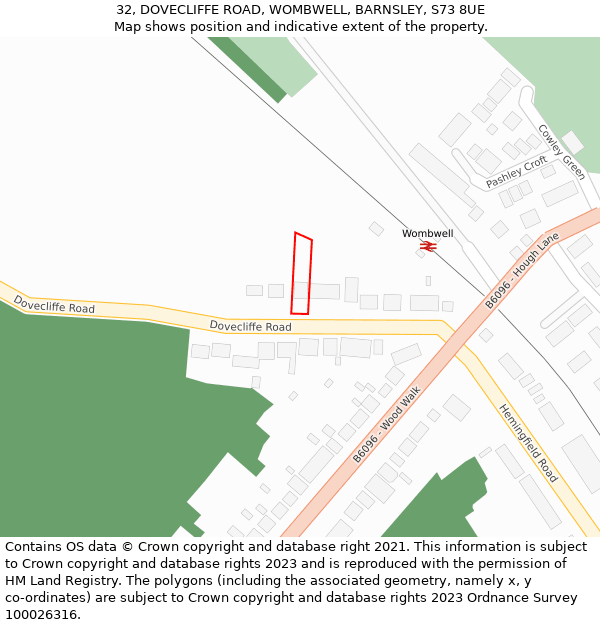 32, DOVECLIFFE ROAD, WOMBWELL, BARNSLEY, S73 8UE: Location map and indicative extent of plot