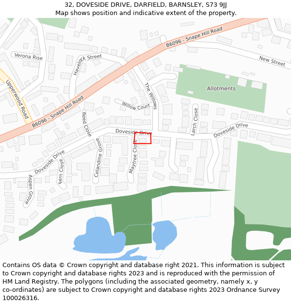 32, DOVESIDE DRIVE, DARFIELD, BARNSLEY, S73 9JJ: Location map and indicative extent of plot