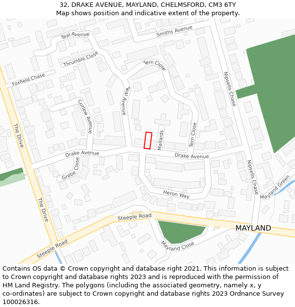 32, DRAKE AVENUE, MAYLAND, CHELMSFORD, CM3 6TY: Location map and indicative extent of plot