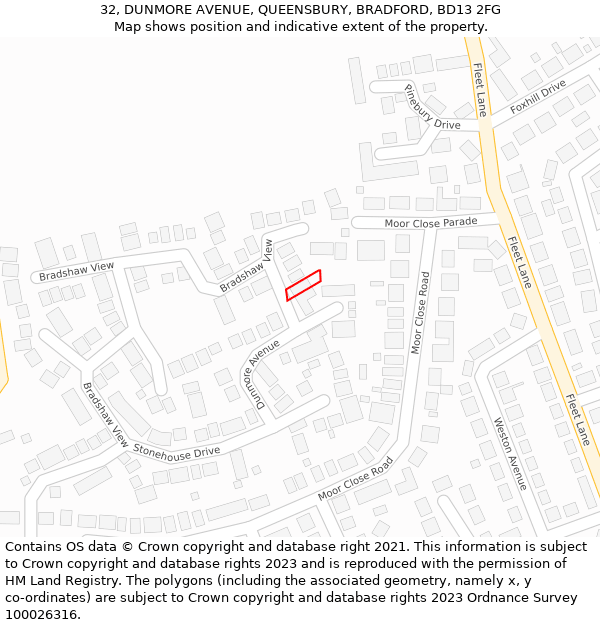 32, DUNMORE AVENUE, QUEENSBURY, BRADFORD, BD13 2FG: Location map and indicative extent of plot