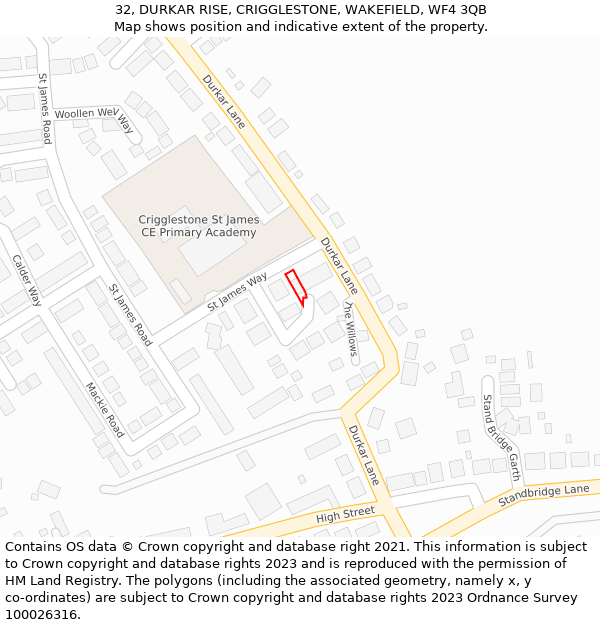 32, DURKAR RISE, CRIGGLESTONE, WAKEFIELD, WF4 3QB: Location map and indicative extent of plot