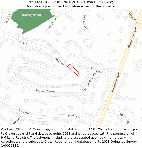 32, EAST LANE, CUDDINGTON, NORTHWICH, CW8 2QQ: Location map and indicative extent of plot