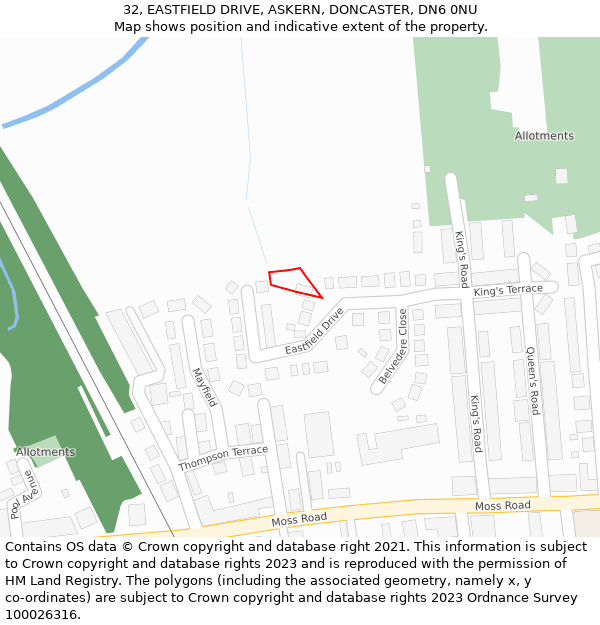 32, EASTFIELD DRIVE, ASKERN, DONCASTER, DN6 0NU: Location map and indicative extent of plot