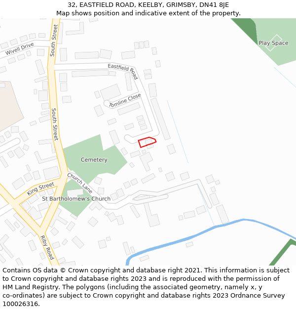32, EASTFIELD ROAD, KEELBY, GRIMSBY, DN41 8JE: Location map and indicative extent of plot