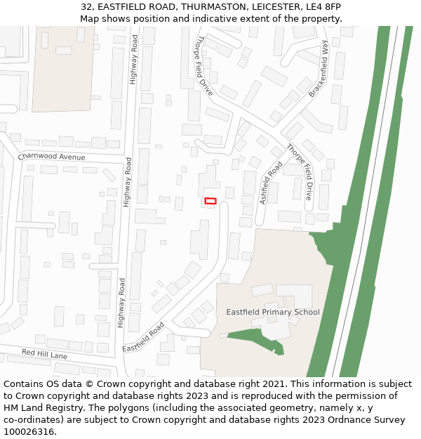 32, EASTFIELD ROAD, THURMASTON, LEICESTER, LE4 8FP: Location map and indicative extent of plot