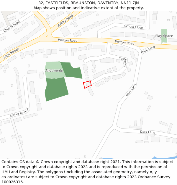 32, EASTFIELDS, BRAUNSTON, DAVENTRY, NN11 7JN: Location map and indicative extent of plot