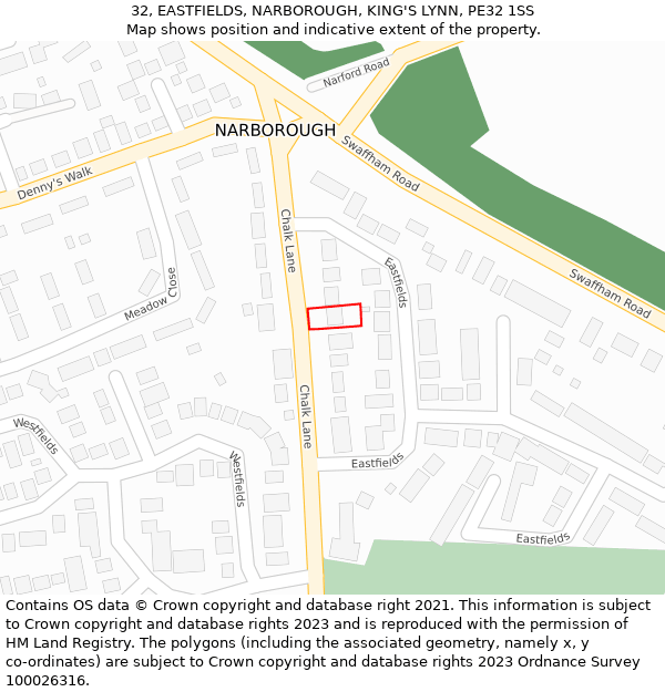 32, EASTFIELDS, NARBOROUGH, KING'S LYNN, PE32 1SS: Location map and indicative extent of plot