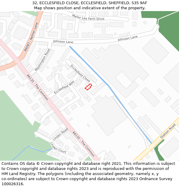 32, ECCLESFIELD CLOSE, ECCLESFIELD, SHEFFIELD, S35 9AF: Location map and indicative extent of plot
