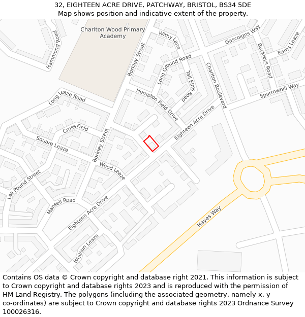 32, EIGHTEEN ACRE DRIVE, PATCHWAY, BRISTOL, BS34 5DE: Location map and indicative extent of plot