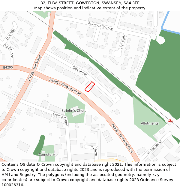 32, ELBA STREET, GOWERTON, SWANSEA, SA4 3EE: Location map and indicative extent of plot