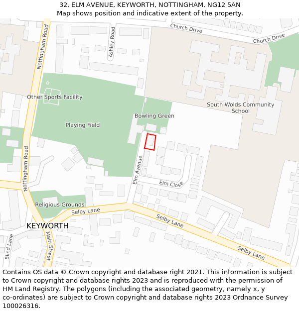32, ELM AVENUE, KEYWORTH, NOTTINGHAM, NG12 5AN: Location map and indicative extent of plot