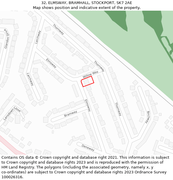 32, ELMSWAY, BRAMHALL, STOCKPORT, SK7 2AE: Location map and indicative extent of plot